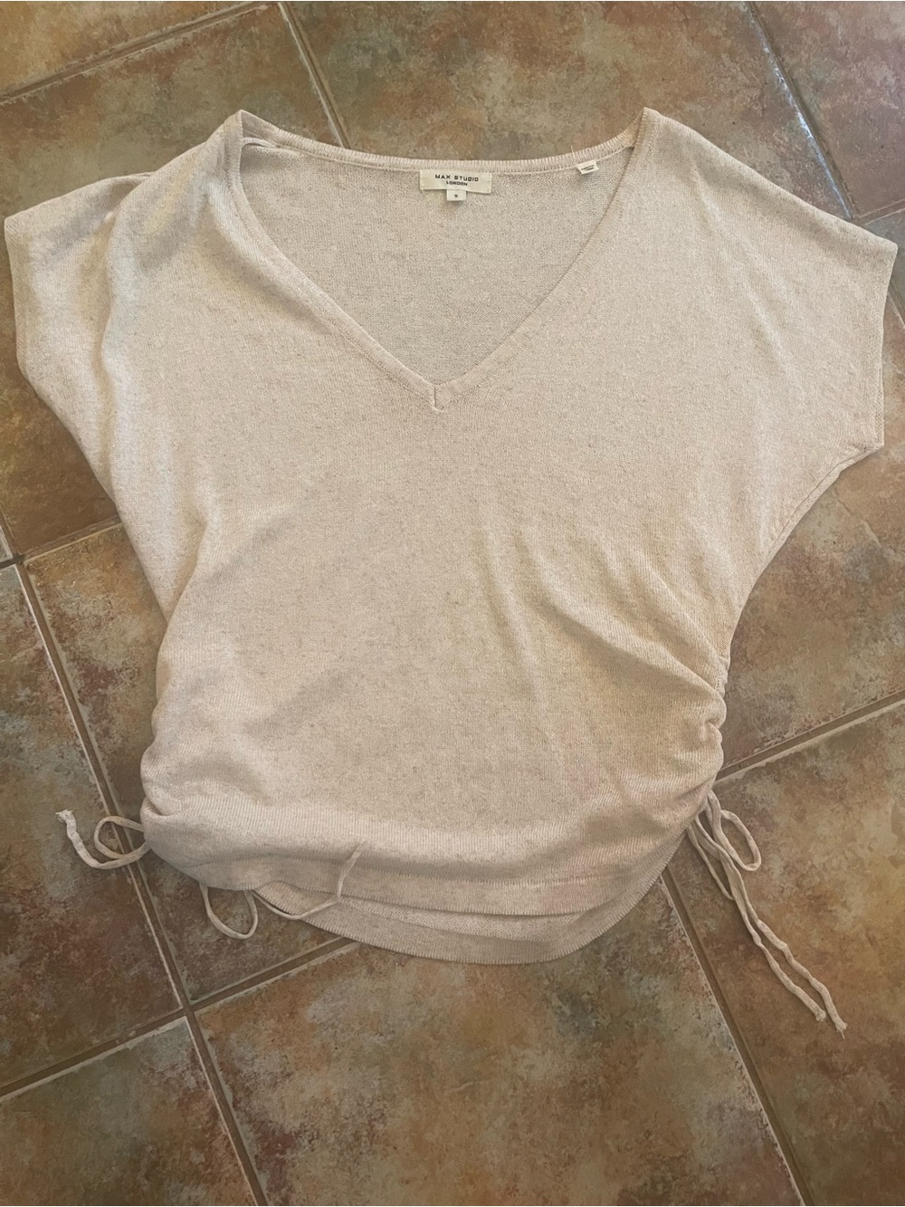 Max Studio Cream V-Neck Short Sleeve Drawstring Tunic